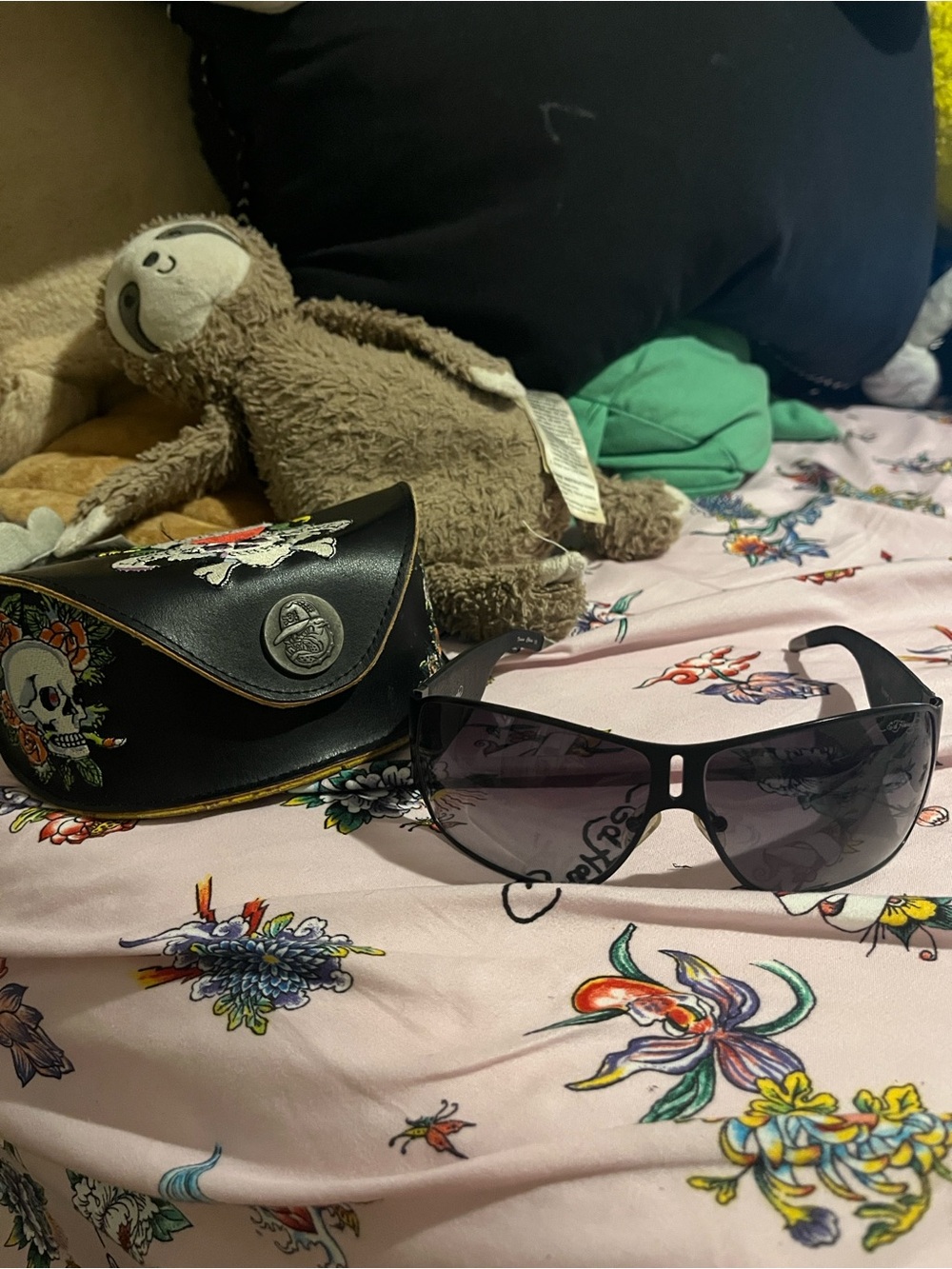 Ed Hardy Black Sunglasses with Skull Graphic Case